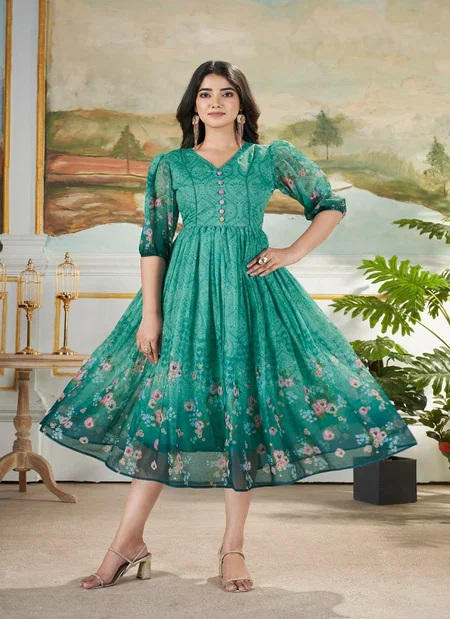 Kanika Muslin Mix Printed Long Western Dress Online Wholesale